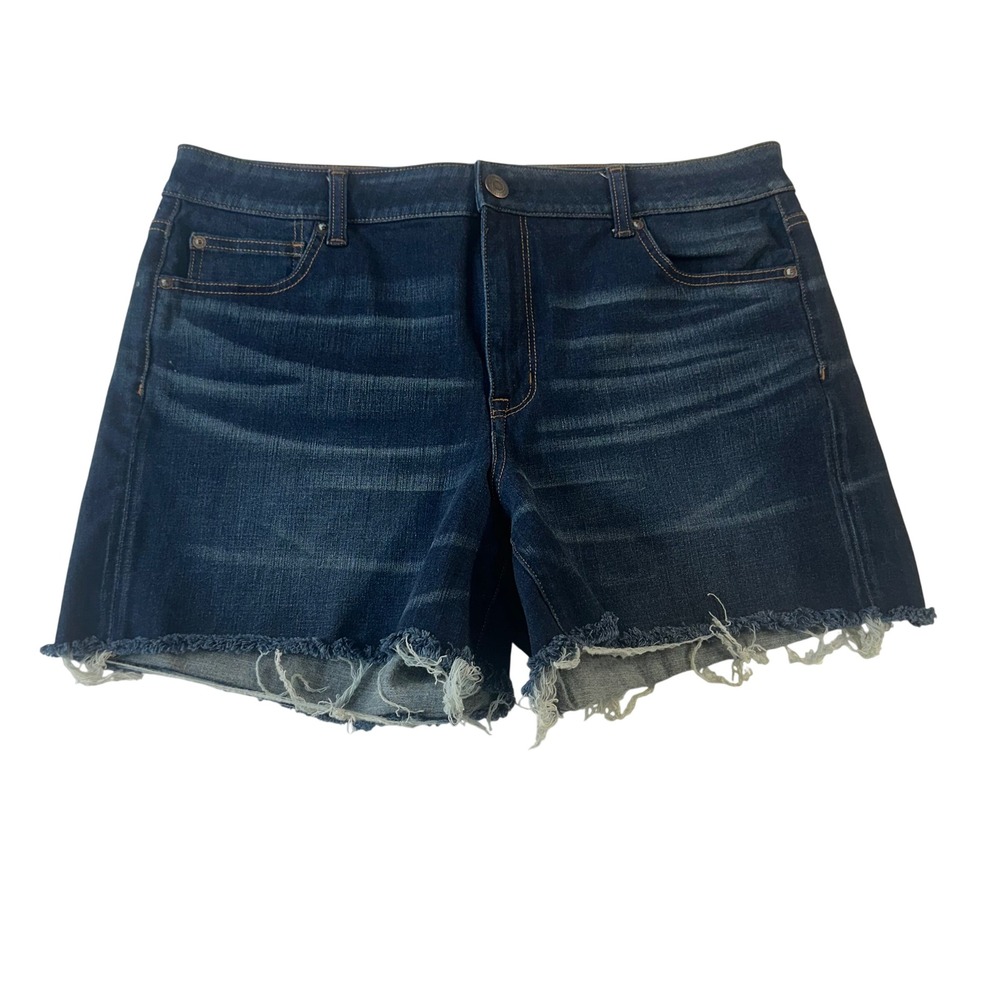 American Eagle Hi-Rise Shortie Dark Wash Frayed Hem Denim Shorts 18 360 Stretch